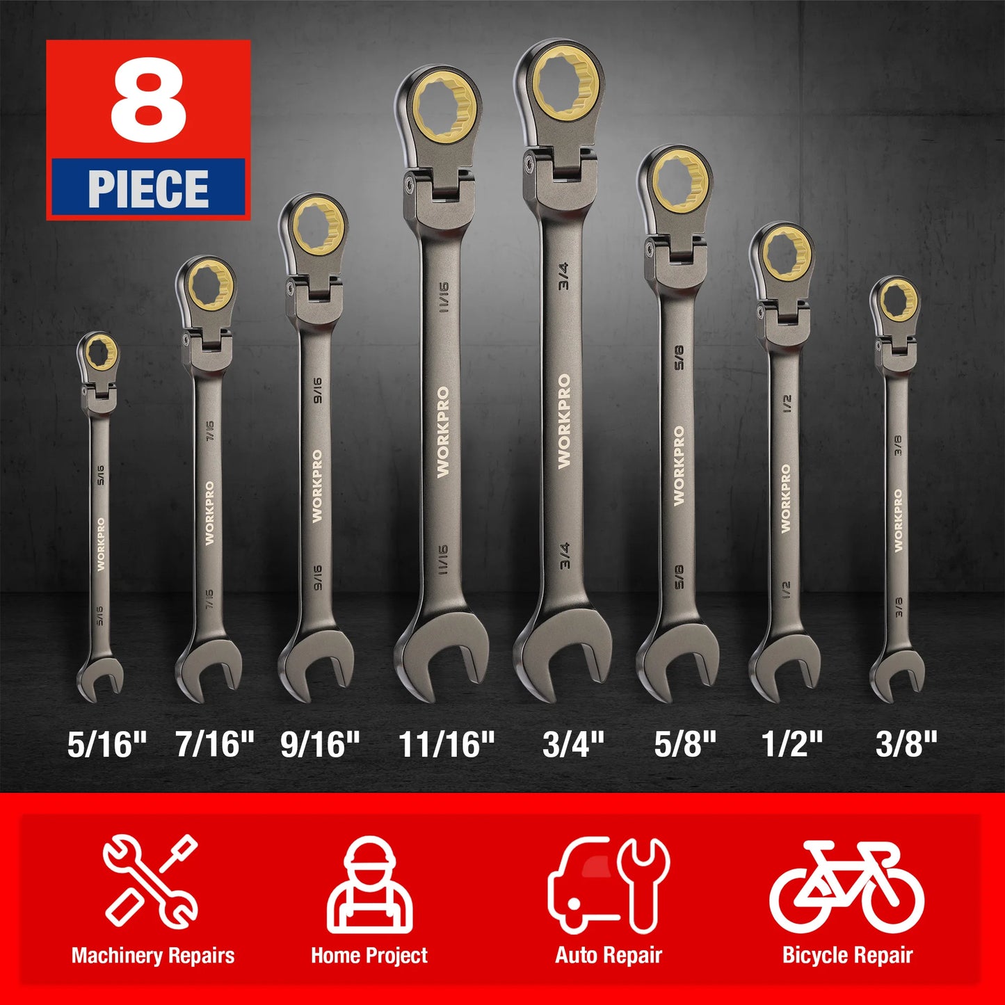 WORKPRO 8pcs Flex-Head Ratcheting Combination Wrench Set SAE 5/16-3/4 in 72-Teeth CR-V Constructed