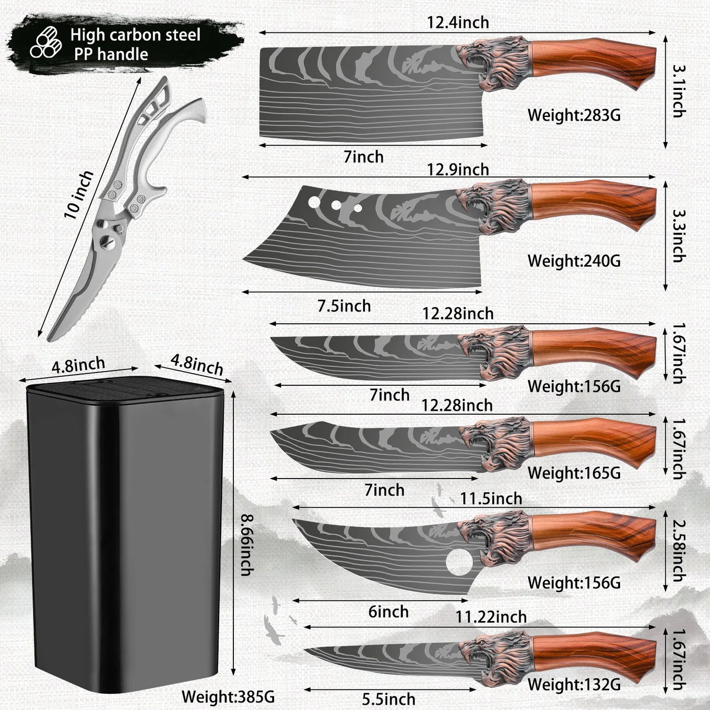 Stainless Steel Kitchen Knife Set, with Block G14 - Japanese Style, Sharp and Durable, with Non-Slip Ergonomic Handle - Perfect for Home Cooking and Baking, Kitchen Knives