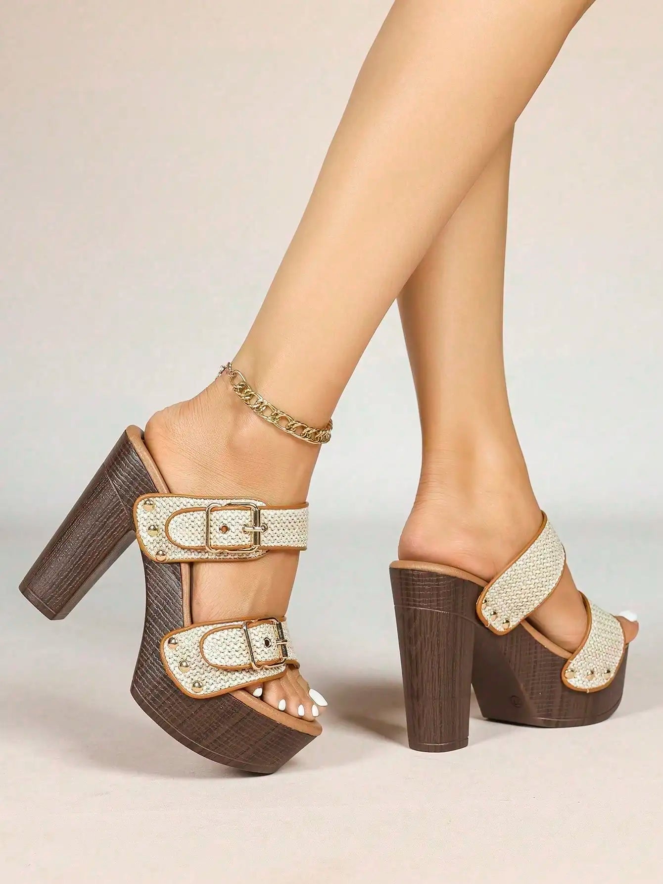 Women Fashion Chunky Platform Block High Heel Summer Sandal With Ankle Strap And Stud Peep Toe Mule Sandals Heel Shoes