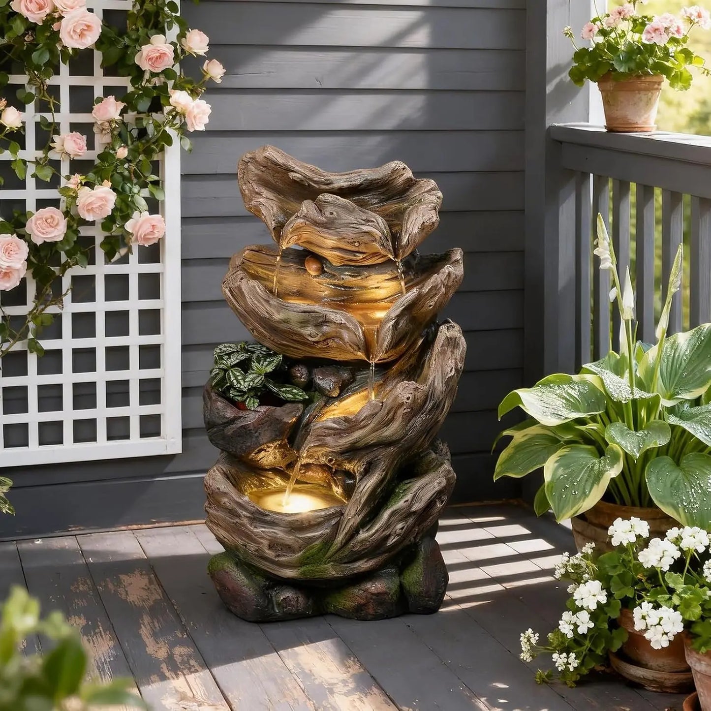 Large Water Fountain Outdoor - 5 Tiers Cascade Floor Standing Rock Wood Like Waterfall Fountain with LED Lights, Custom