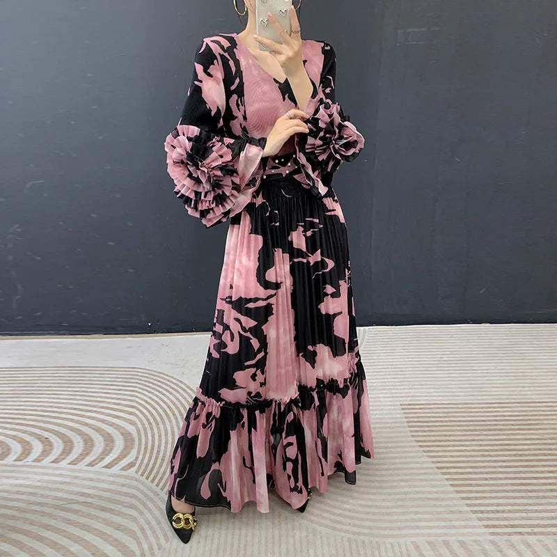 Fold Miyake Pleated Pink Tie Dye Floral Print V Neck Ruffle Sleeve Pearl Beaded Waist Maxi Dress Loose Breathable Elegant Wear