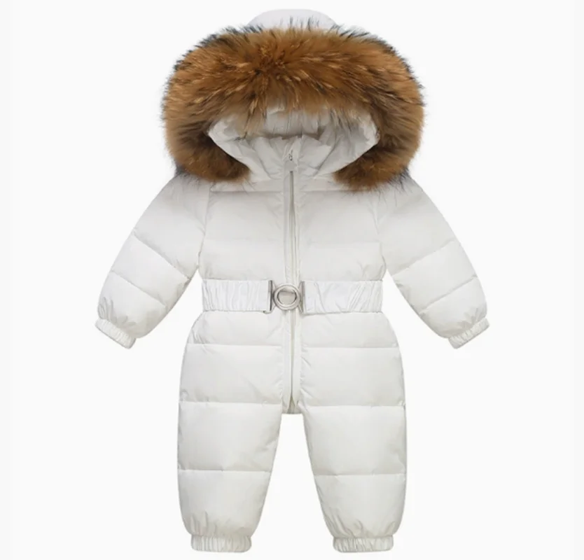 New baby winter fur collar hooded thick warm solid color cute sports zipper waist cinching jumpsuit