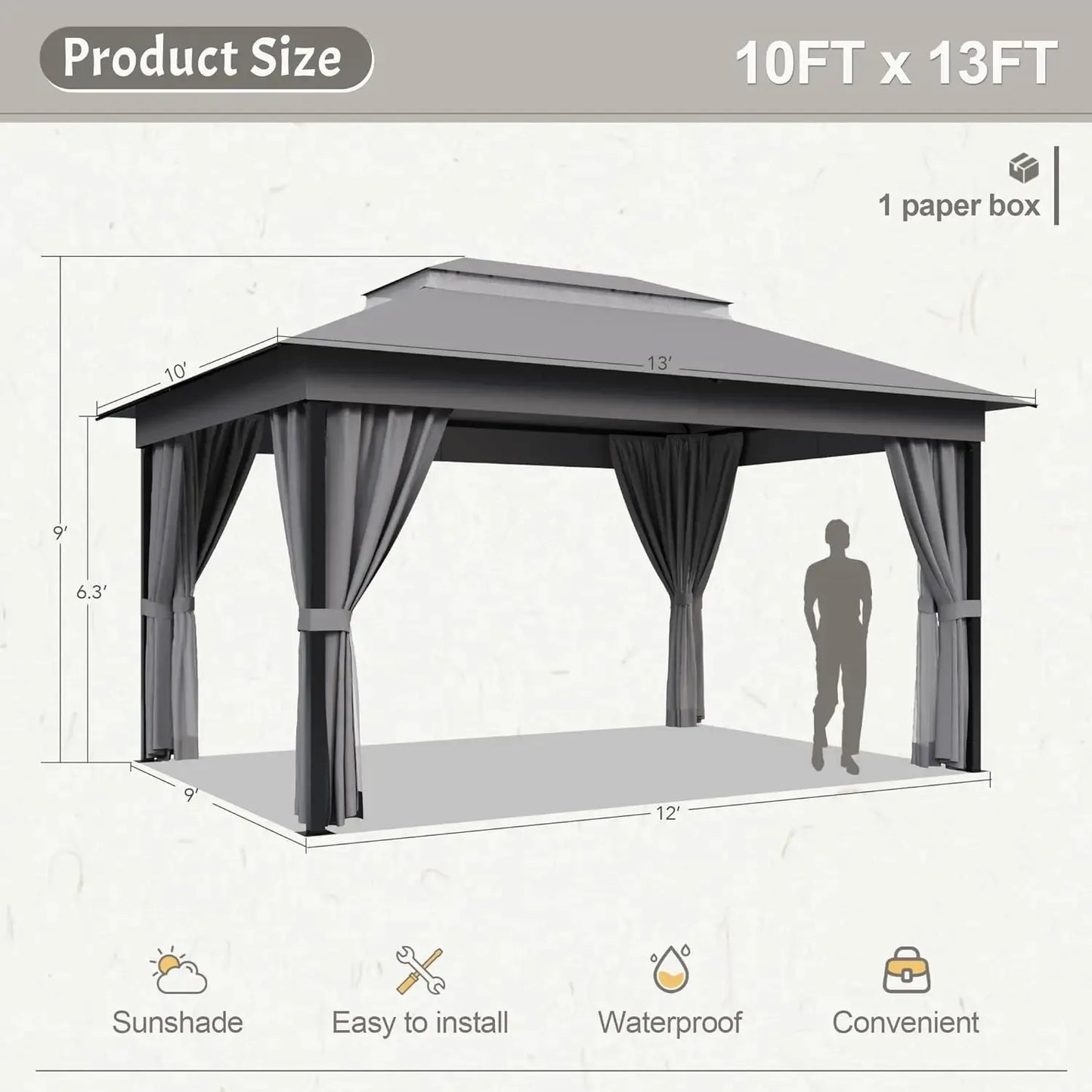10x13 Outdoor Gazebo Canopy Heavy Duty Metal Frame Double Roof Mosquito Net Privacy Screen Patio Garden Backyard Custom