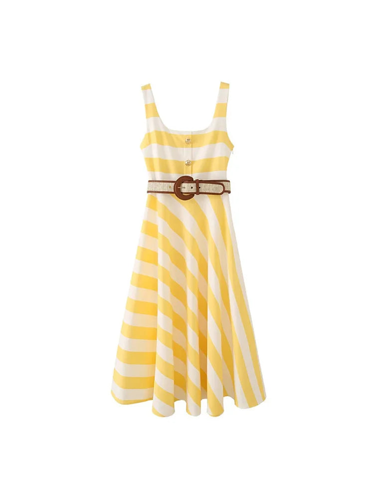 Women's Dress 2026 Summer New Fashionable Sleeveless Backless Camisole Striped Dress Belt Long Elegant Party Dresses