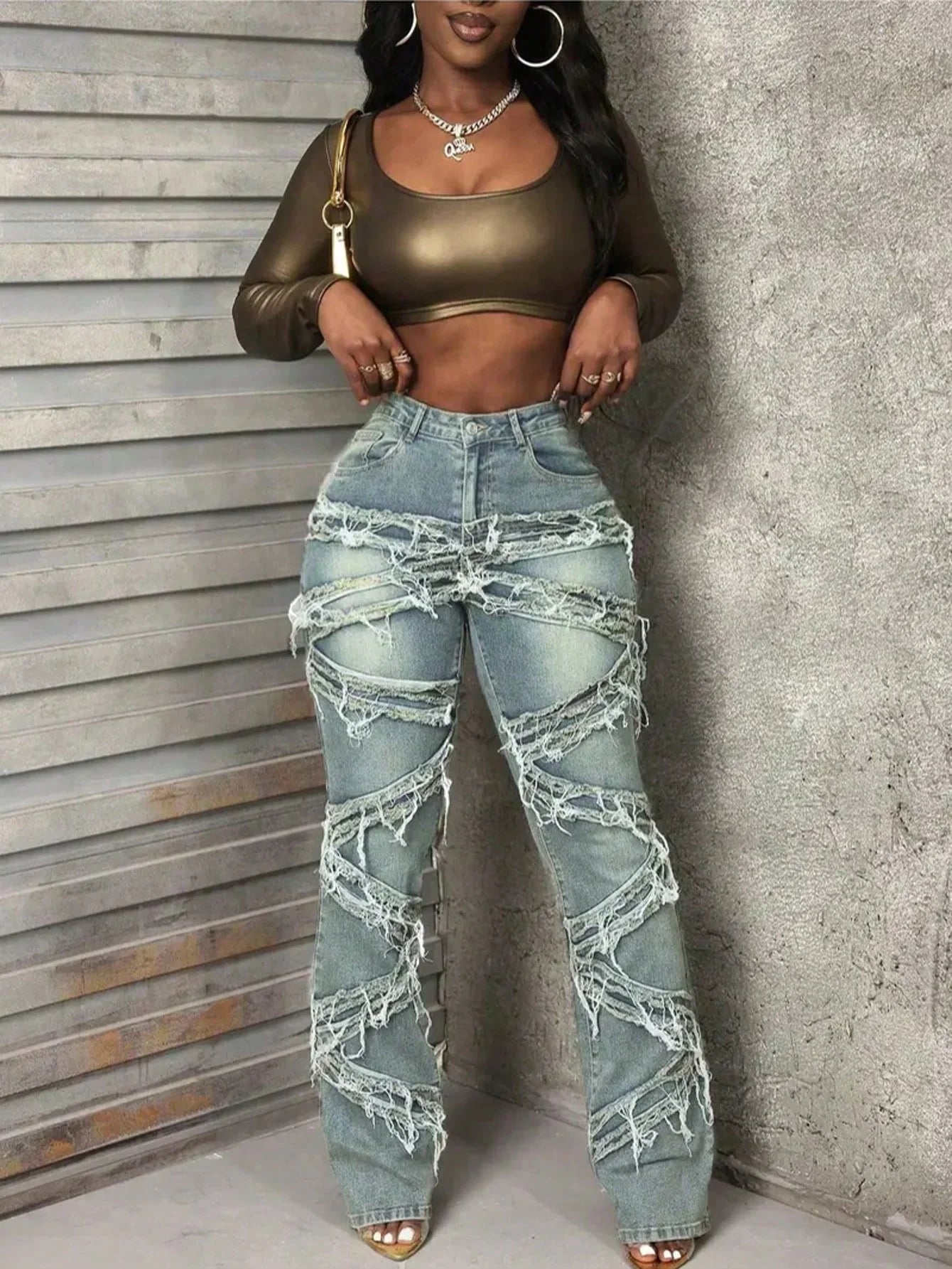 Y2K 90s Street Style Women's Vintage Fringed Distressed Flare Jeans - High Stretch Unique Tassel Design Hip Hop Fashion for All