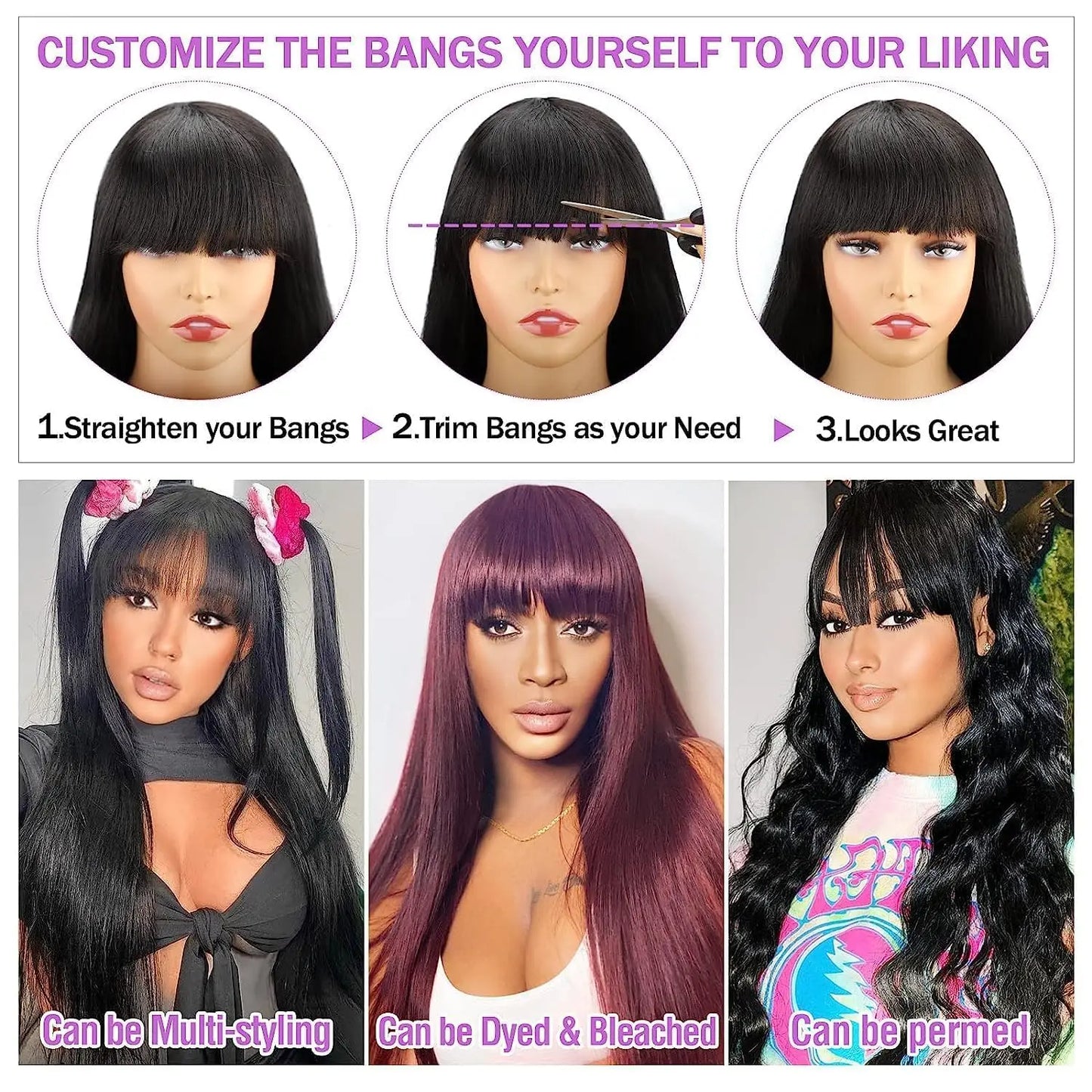 3x1 Bone Straight Human Hair Wigs with Bangs Full Machine Made Wigs Brazilian Human Hair Wigs For Black Women 18-34 Inch