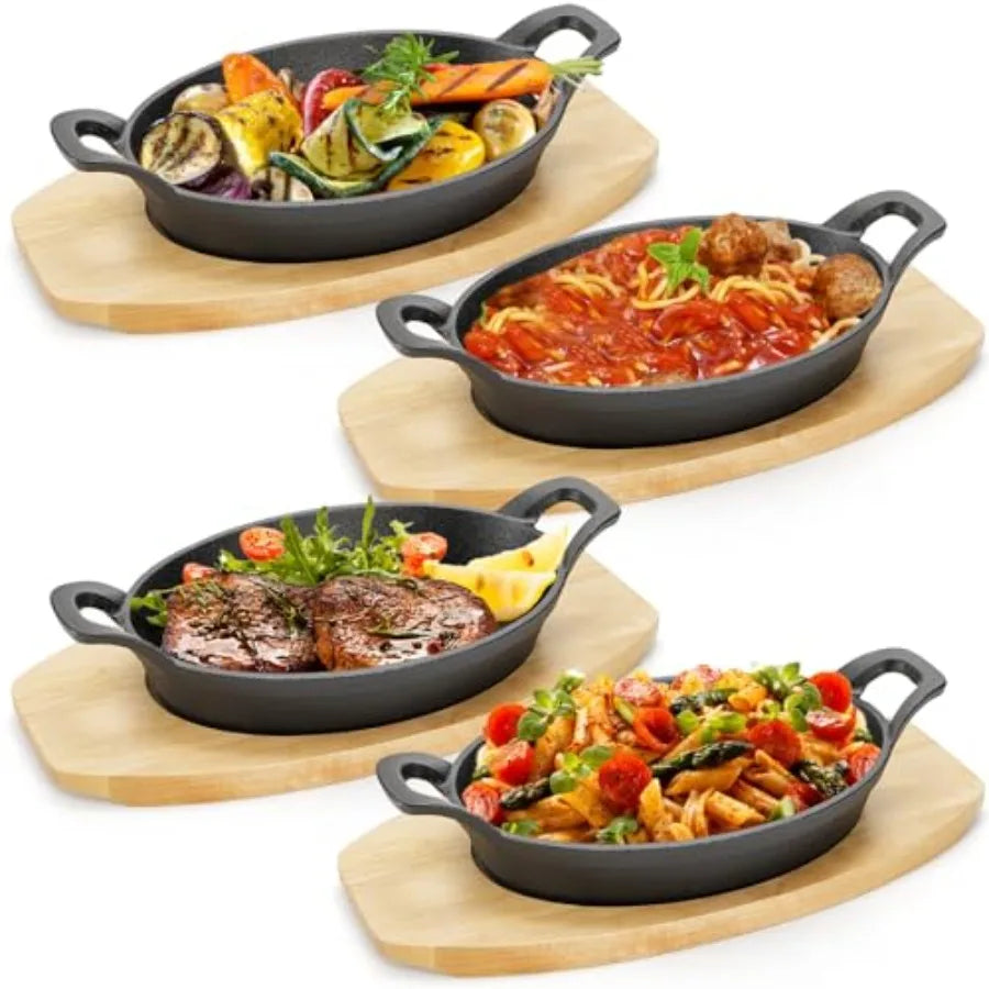 4 Pack Mini Cast Iron Fajita Skillet Set 8.5 x 6.1 Inch Sizzling Plate with Wooden Base Small Oval Casserole Dishes Cast Iron P