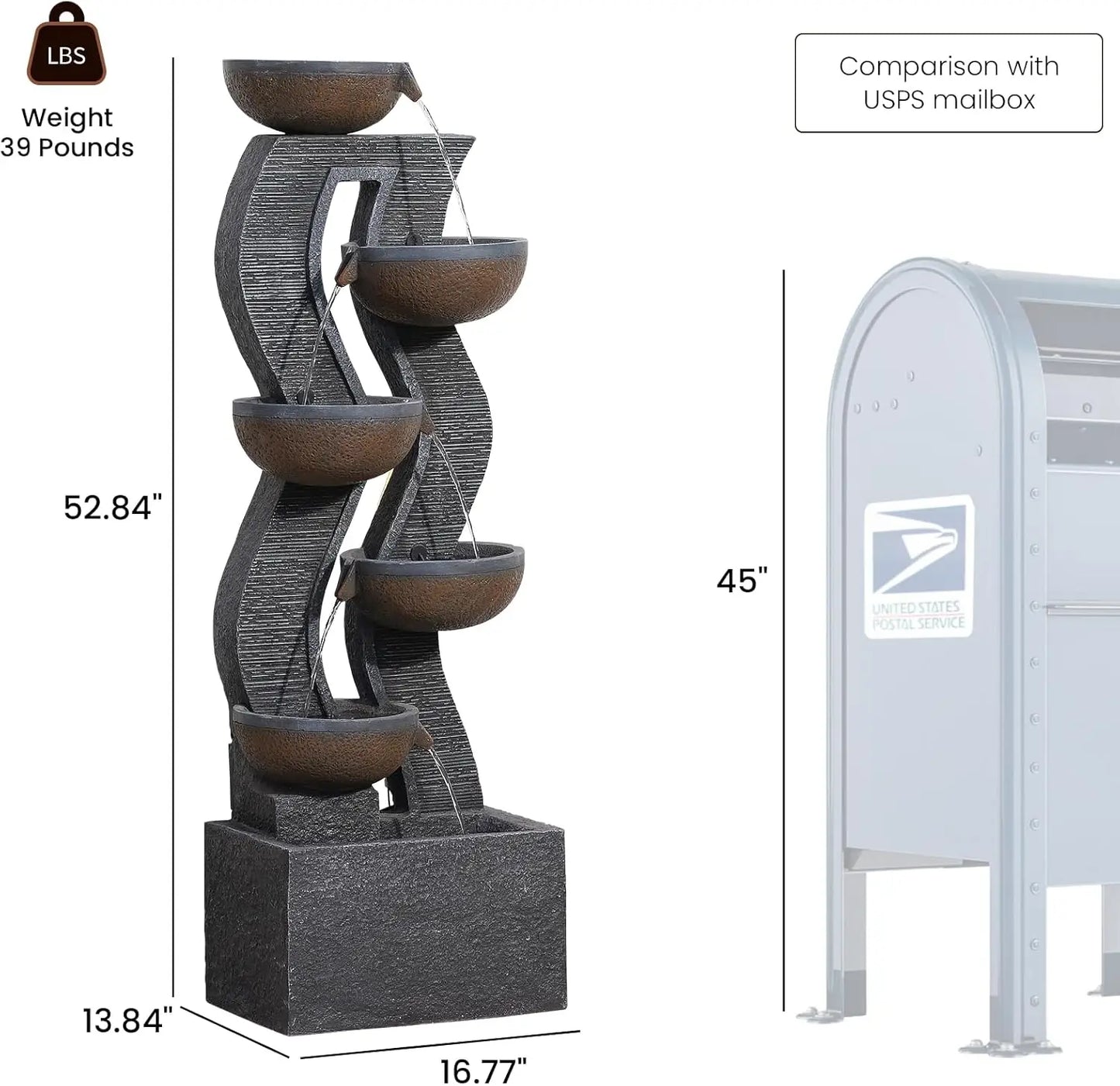 52.8" Tall Outdoor Water Fountain with Lights, 6-Tier Cascading Resin Waterfall Feature for Porch, Garden, Yard, Deck, Patio – L