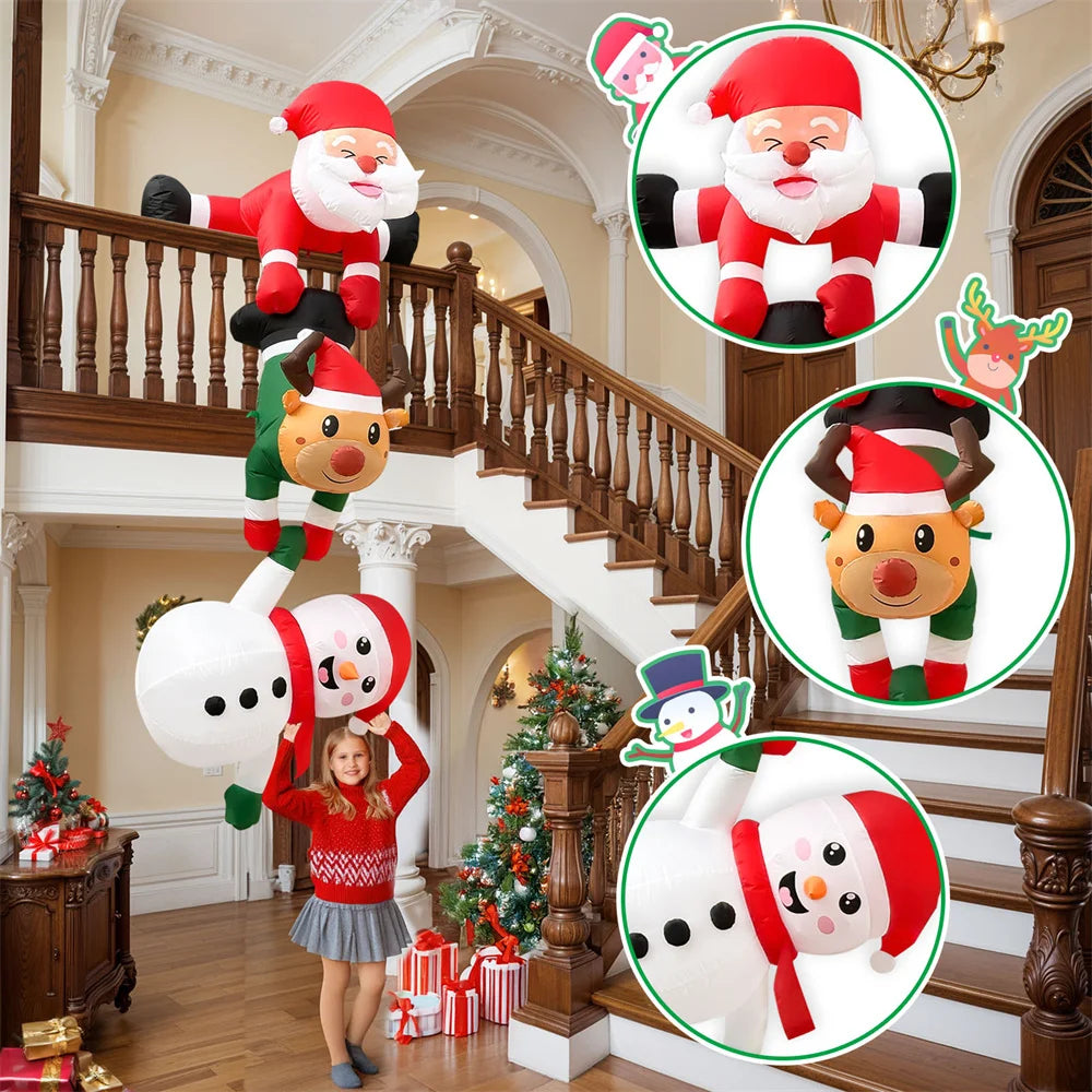 2.4M Inflatable Christmas Climbing Santa Claus with Reindeer & Snowman,Built-in LED for Outdoor Beam Roof Tree Party Yard Decor