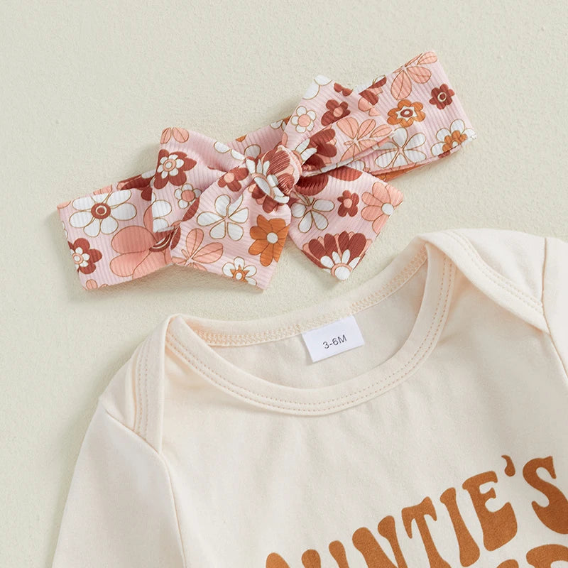 Baby Girl Fall Outfits Letter Print Long Sleeve Romper Flower Print Flare Pants Headband 3Pcs Clothes Set