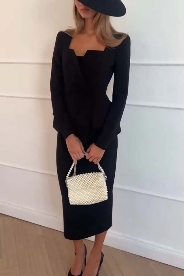 BWQ New Fashion Sexy Long Sleeve Square Neck Double Breasted Pocket Solid Color Slim Fit Suit + Skirt Set For Women,2 Colors