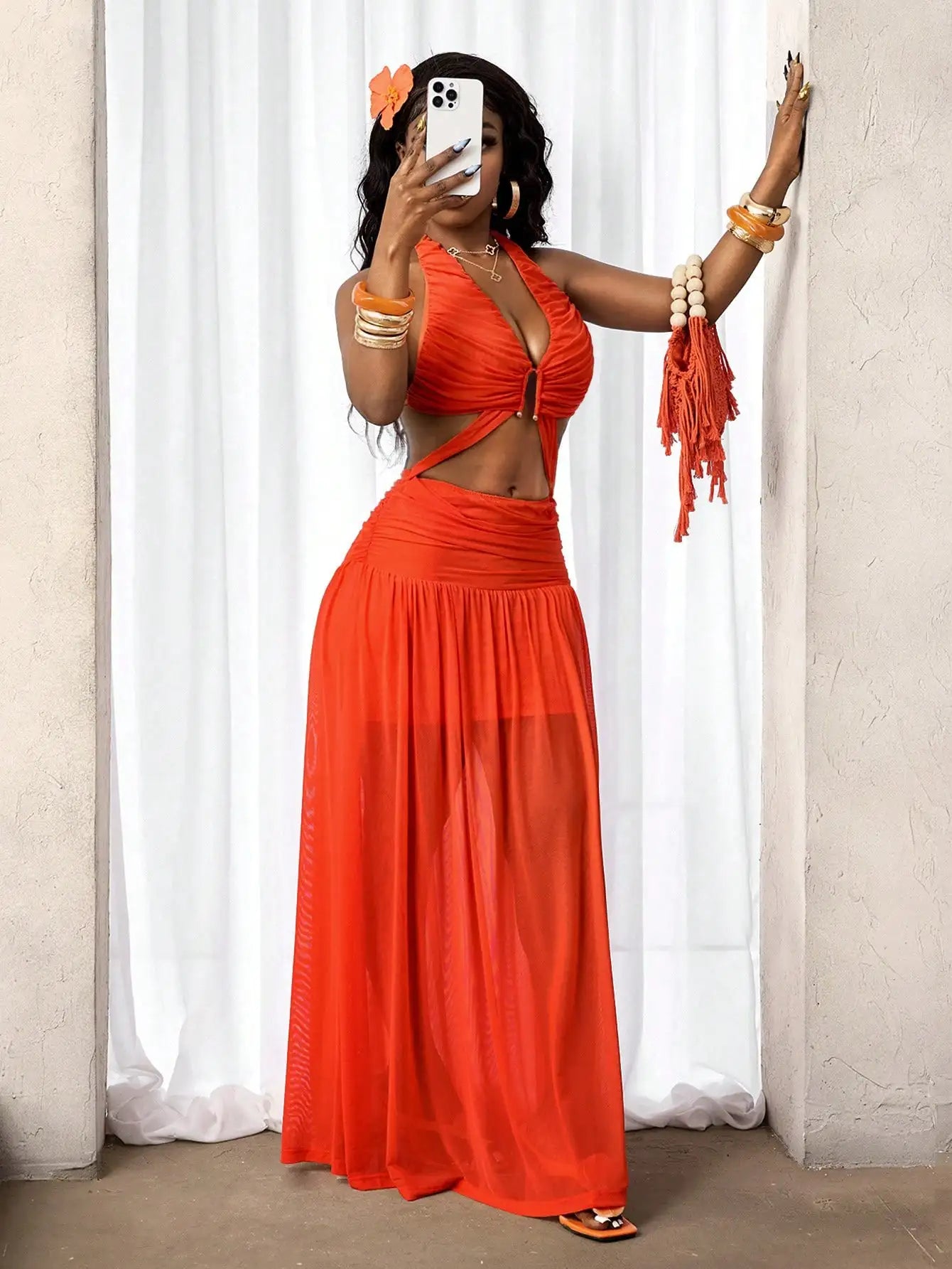 Women's Halter Neck Hollow Out Flared Maxi Beach Dress Summer Orange