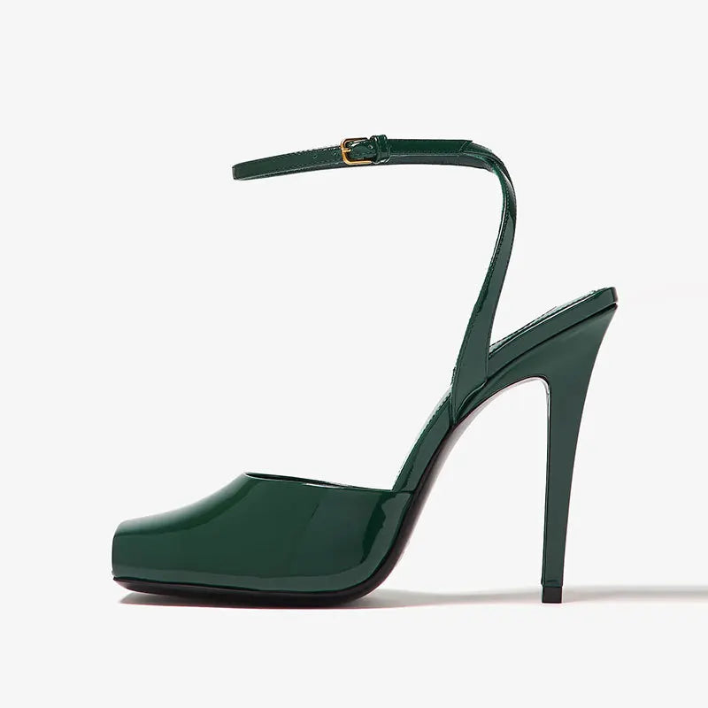 2025 New Square Toe Small Fish Mouth Straight Buckle with Slim High-heeled Fashion Patent Leather Sandals with Straps for Women