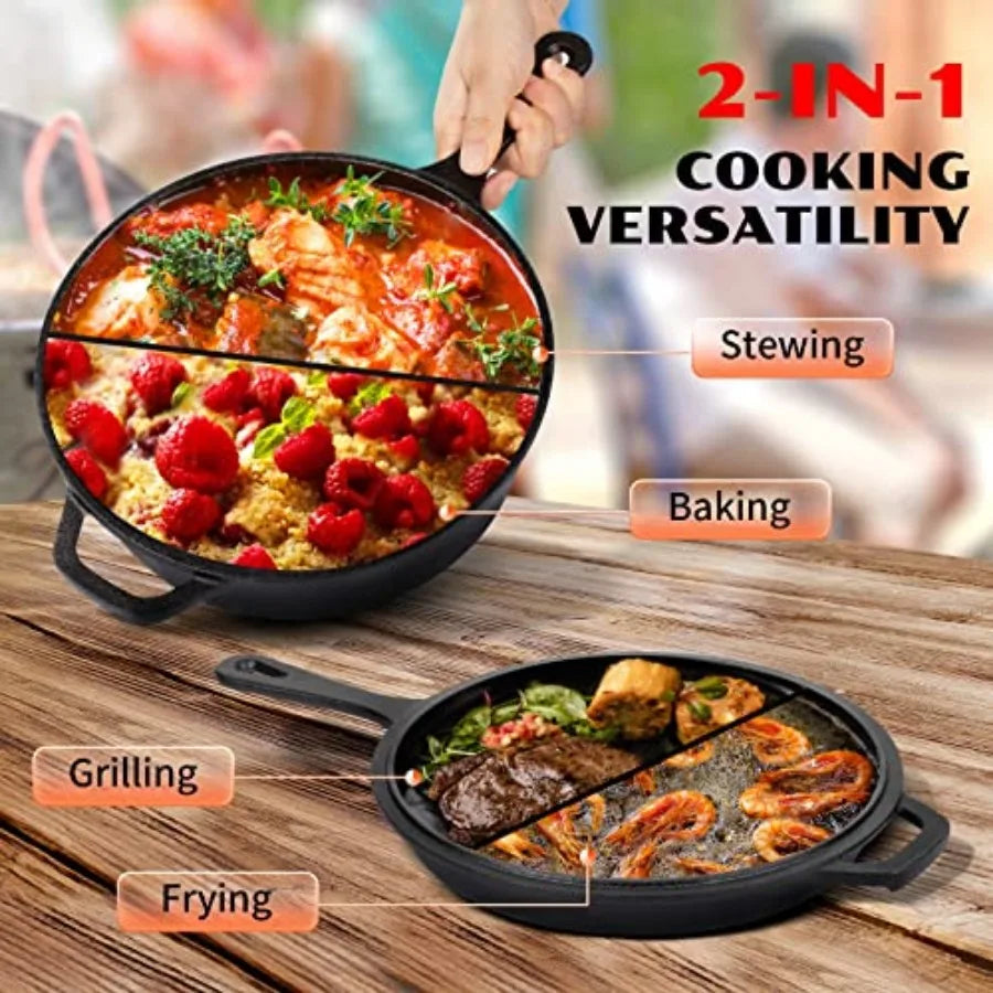 Cast Iron Skillet with Lid - 2-in-1 Cast Iron Dutch Oven - 3.2QT Deep Pot with Frying Pan - Pre-seasoned Cookware Multi Cooker