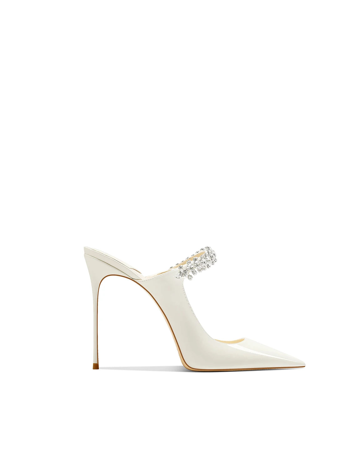 2026 White Patent Leather Temperament Rhinestone with Skirt Pointed Head Stiletto High Heels Women