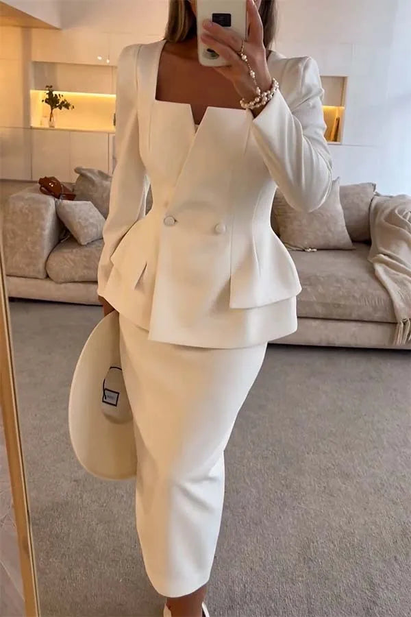 BWQ New Fashion Sexy Long Sleeve Square Neck Double Breasted Pocket Solid Color Slim Fit Suit + Skirt Set For Women,2 Colors