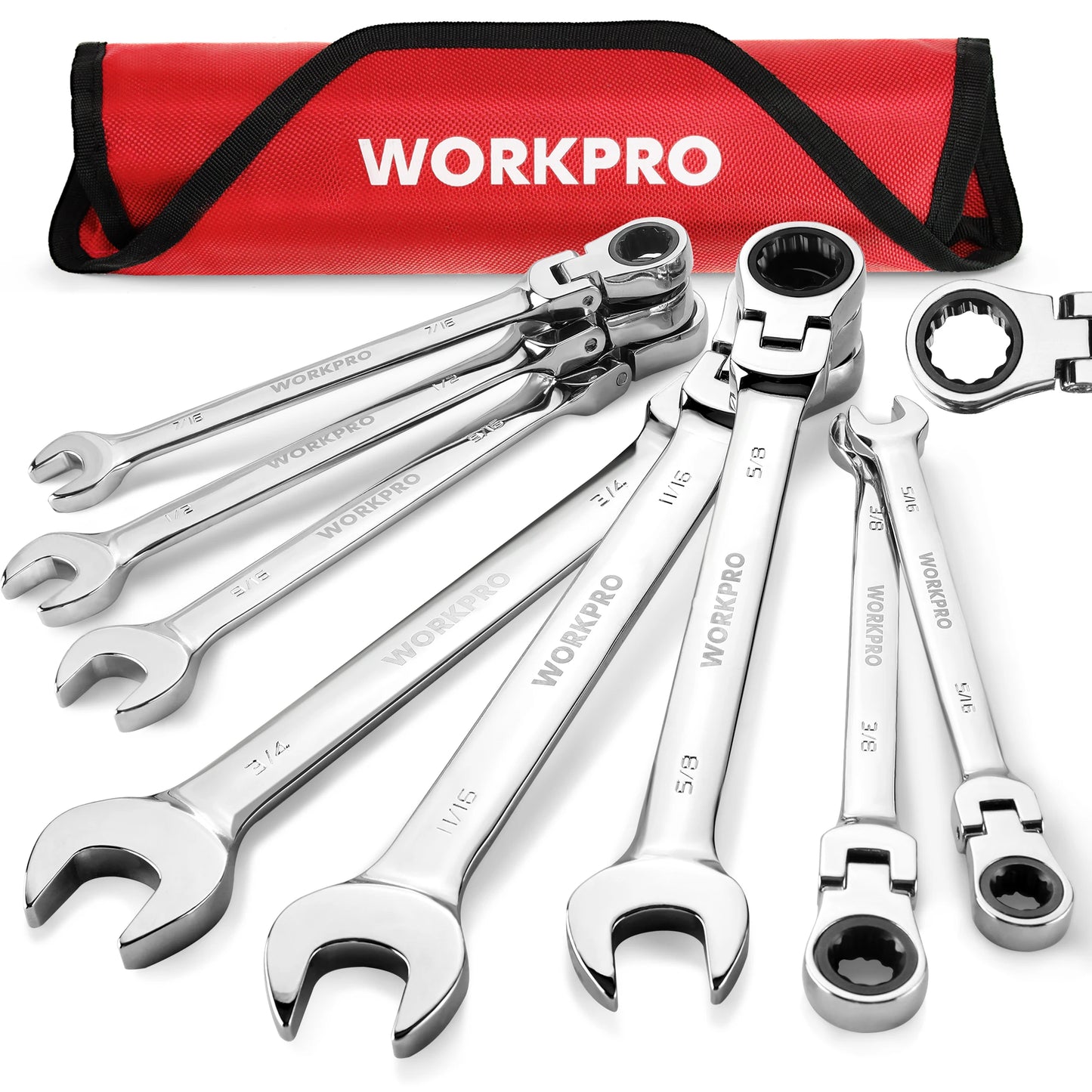 WORKPRO 8pcs Flex-Head Ratcheting Combination Wrench Set SAE 5/16-3/4 in 72-Teeth CR-V Constructed