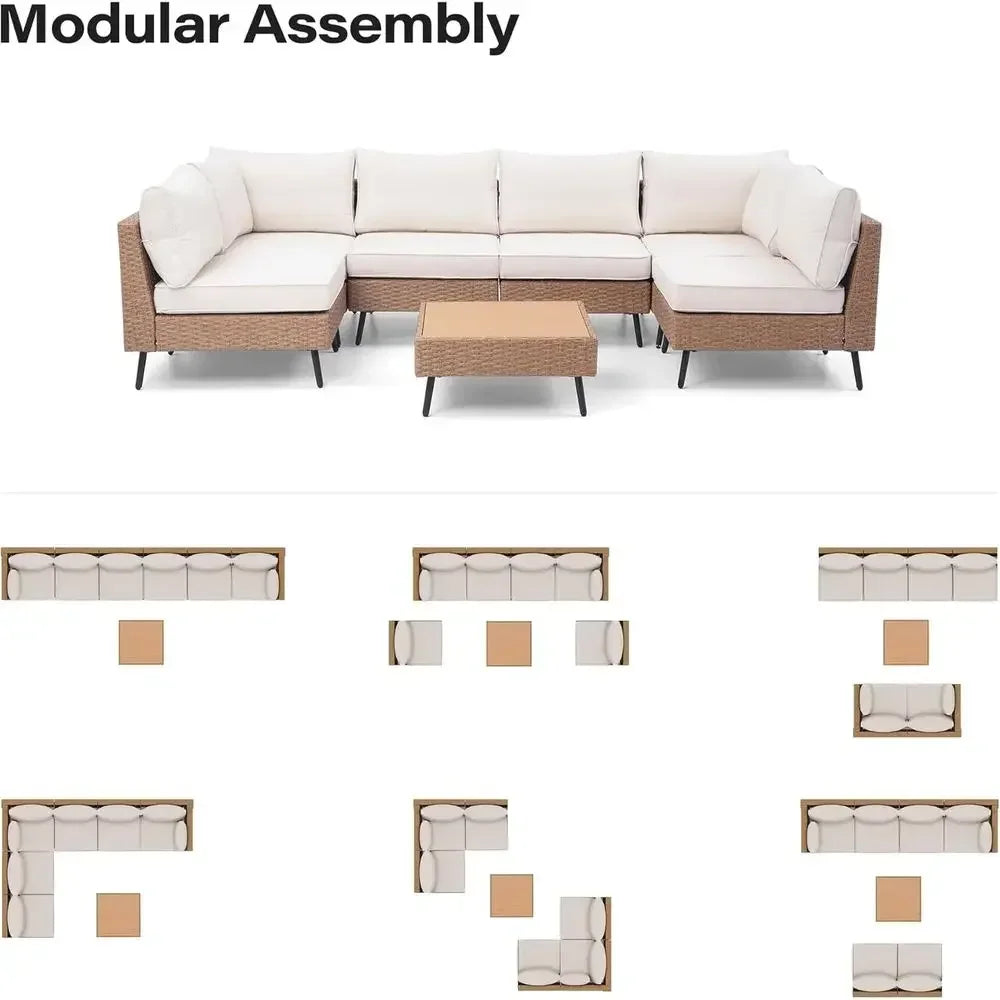 7-Piece Sectional Sofa Set with PE Rattan Wicker for Outdoor Patio, Weather-Resistant with Thick Cushions (Beige)
