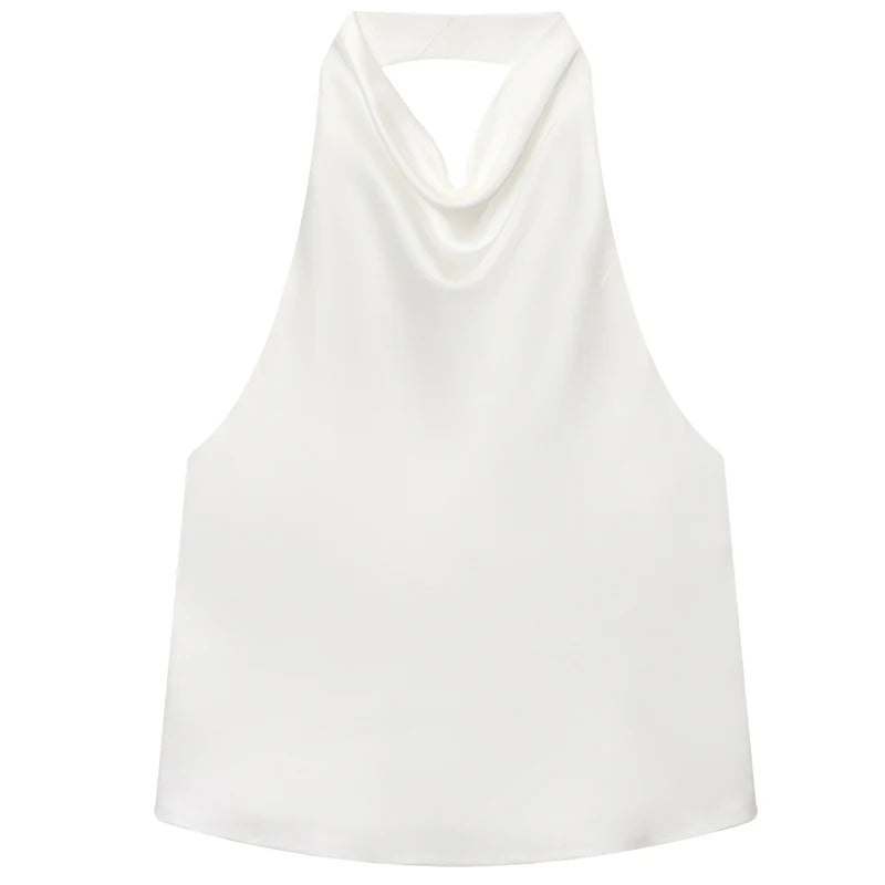 HXAO 2025 Women Satin Halter Top Summer Black Yellow Tanks & Camis Off Shoulder Crop Tank Top Fashion Sleeveless Backless Vests