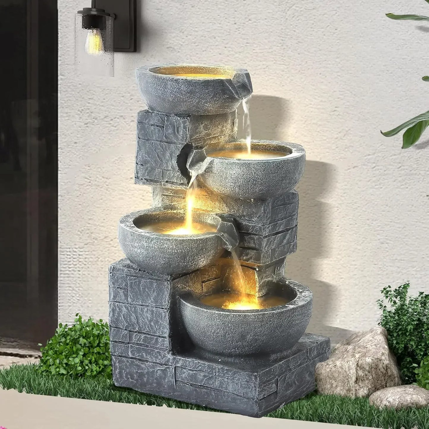 Outdoor Water Fountains with Cascading Bowls, 4-Tiers Fountains and Waterfalls w/LED Lights,Indoor Morden Floor Standing Resin W
