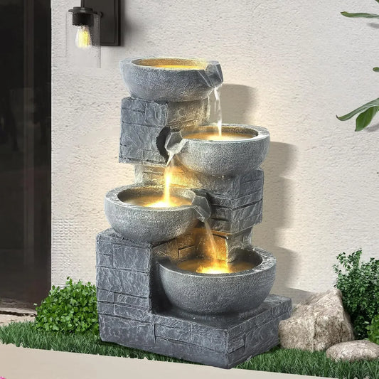 Outdoor Water Fountains with Cascading Bowls, 4-Tiers Fountains and Waterfalls w/LED Lights,Indoor Morden Floor Standing Resin W
