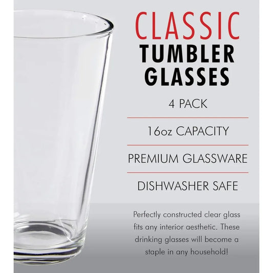 Beer Glasses Set of 6 – 16 oz Tall Clear Drinking Glasses and All Purpose Tumblers – Heavy Base Cocktail, Water, Juice Glass