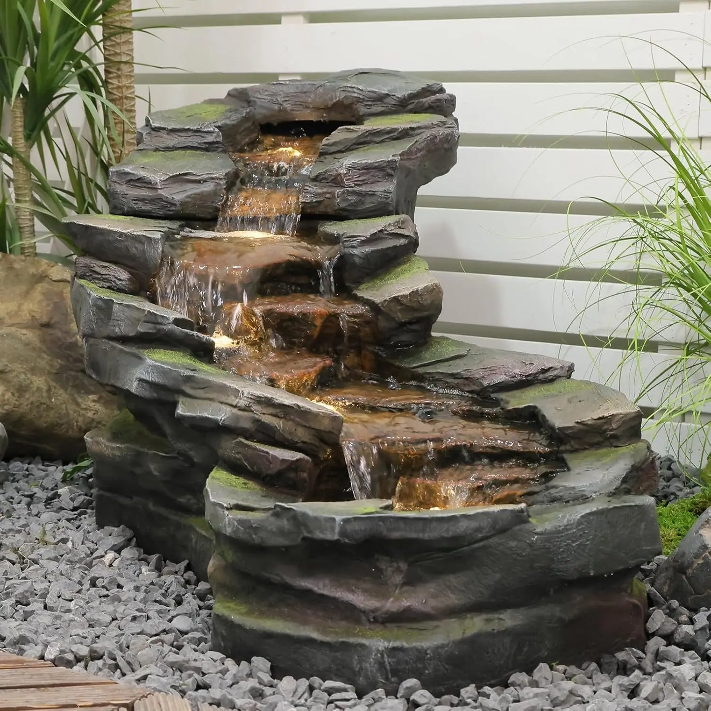 49" L Garden Outdoor Water Fountain 5-Tiers Rock Natural Waterfall Fountains Floor Standing Water Features with LED, Custom