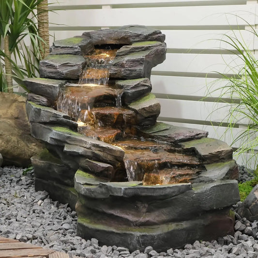 49" L Garden Outdoor Water Fountain 5-Tiers Rock Natural Waterfall Fountains Floor Standing Water Features with LED, Custom