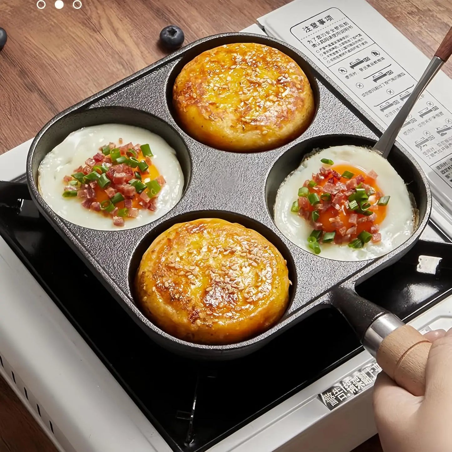 4-Cup Cast Iron Egg Pan, 4 Hole Frying Pan for Eggs & Pancakes, Works on Gas & Induction Stovetops