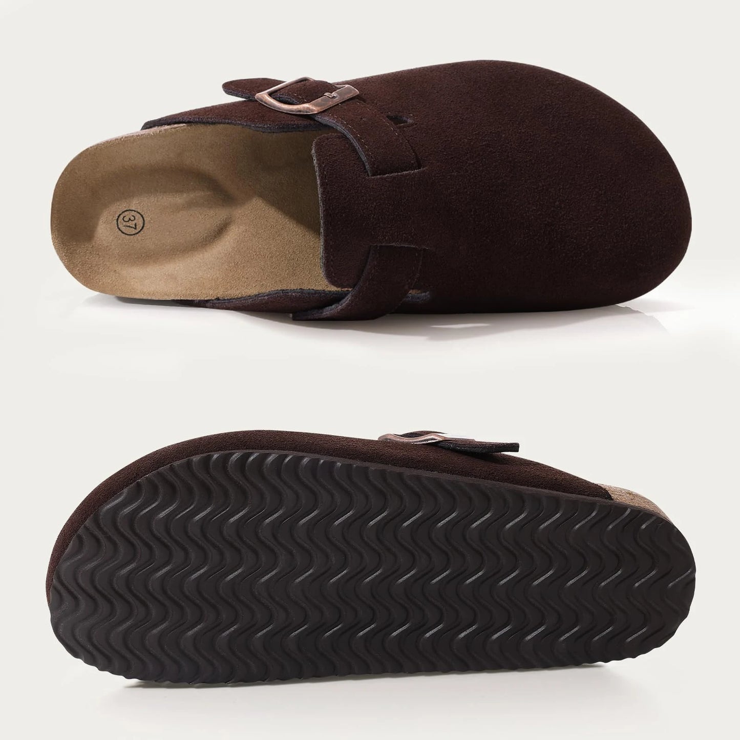 Bebealy Women's Genuine Clogs with Adjustable Strap Fashion Slip On Potato Shoes Cork Footbed Leather Mules With Arch Support