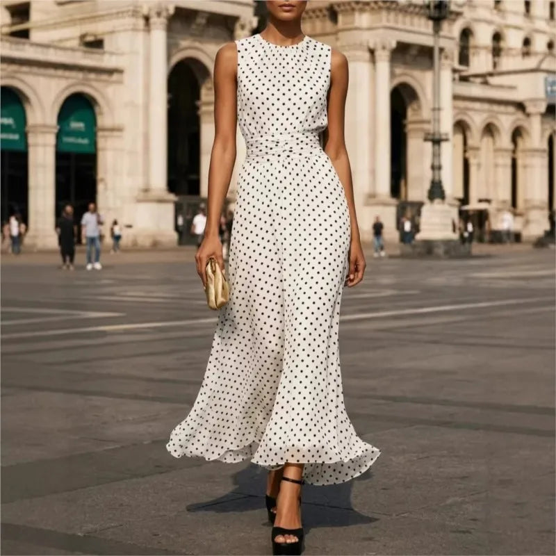 Polka Dot Maxi Dresses Women Elegant Square Neck Lotus Hem Long Gowns Chic Lady Sleeveless High Waist Cinched Summer Robes