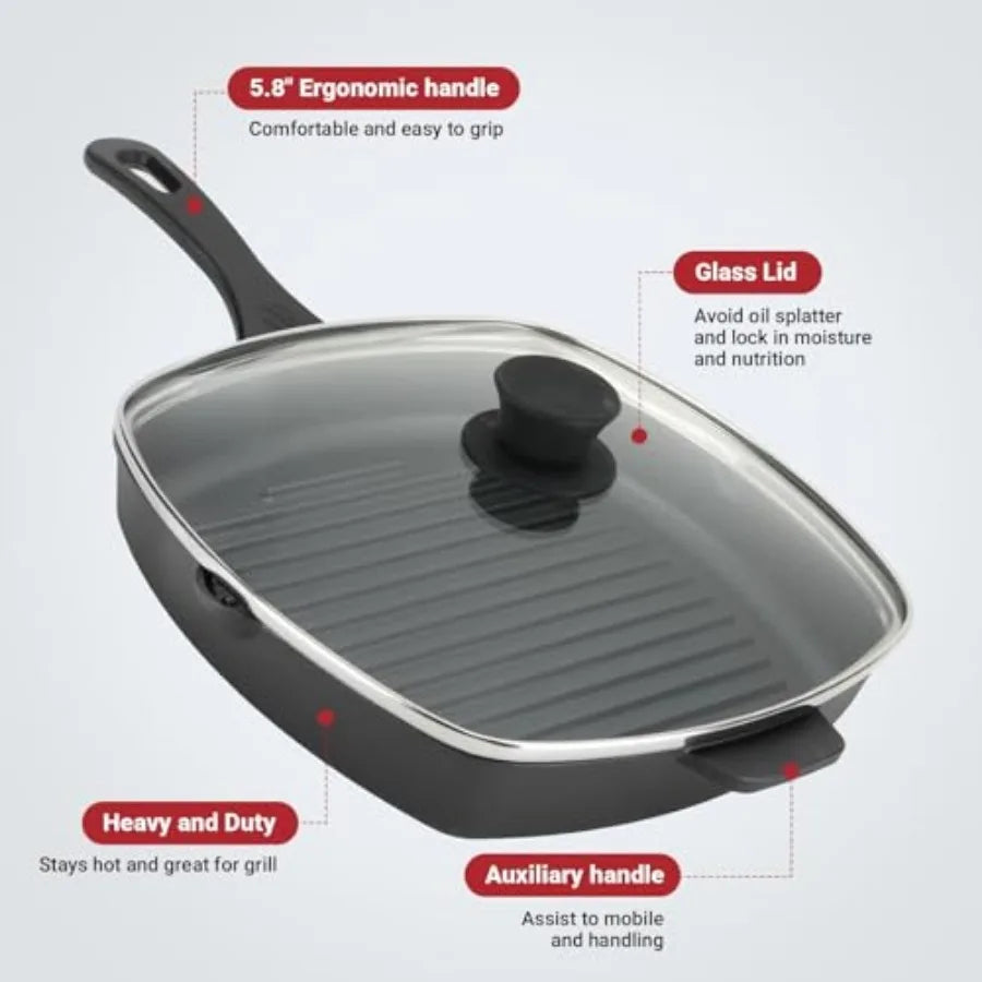10.5 Inch Cast Iron Square Grill Pan with Tempered Glass Lid Heavy Steak and Bacon Pans for Stove Tops