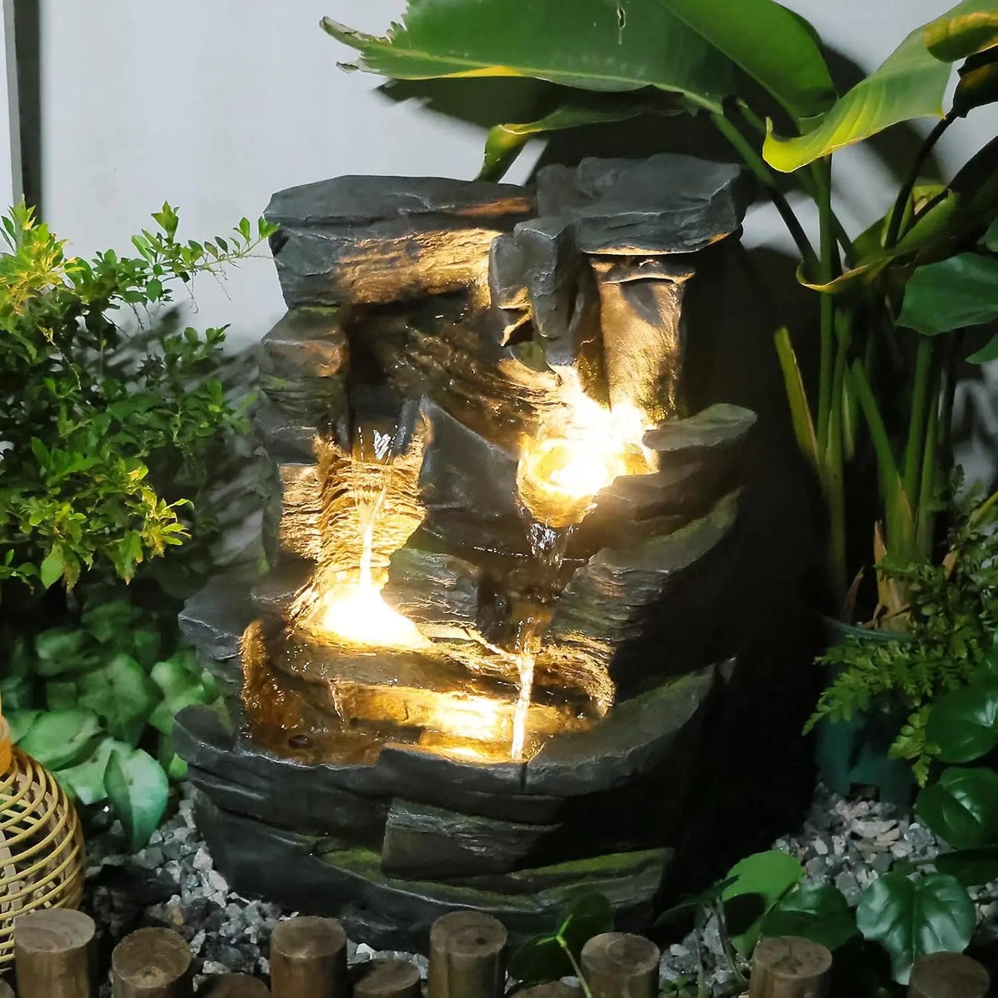 23.6" H Outdoor Water Fountain with 5 Tiers Cascading Realistic Rock Waterfall Fountains with LED Lights Outdoor Water Fountain