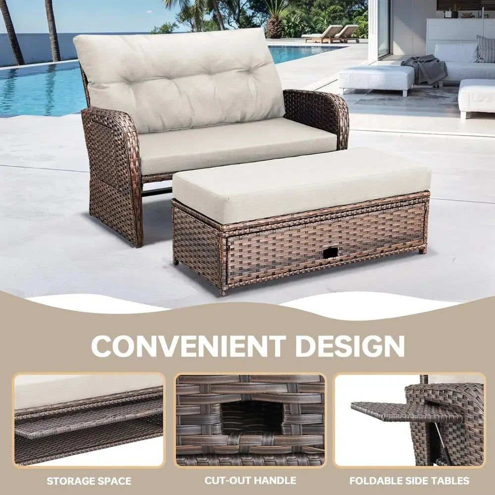 Outdoor Daybed, Patio Daybed Wicker Recliner or Two with Multiunctional Recliner and Stowable Side Tray, 5 Level Adjustable Back