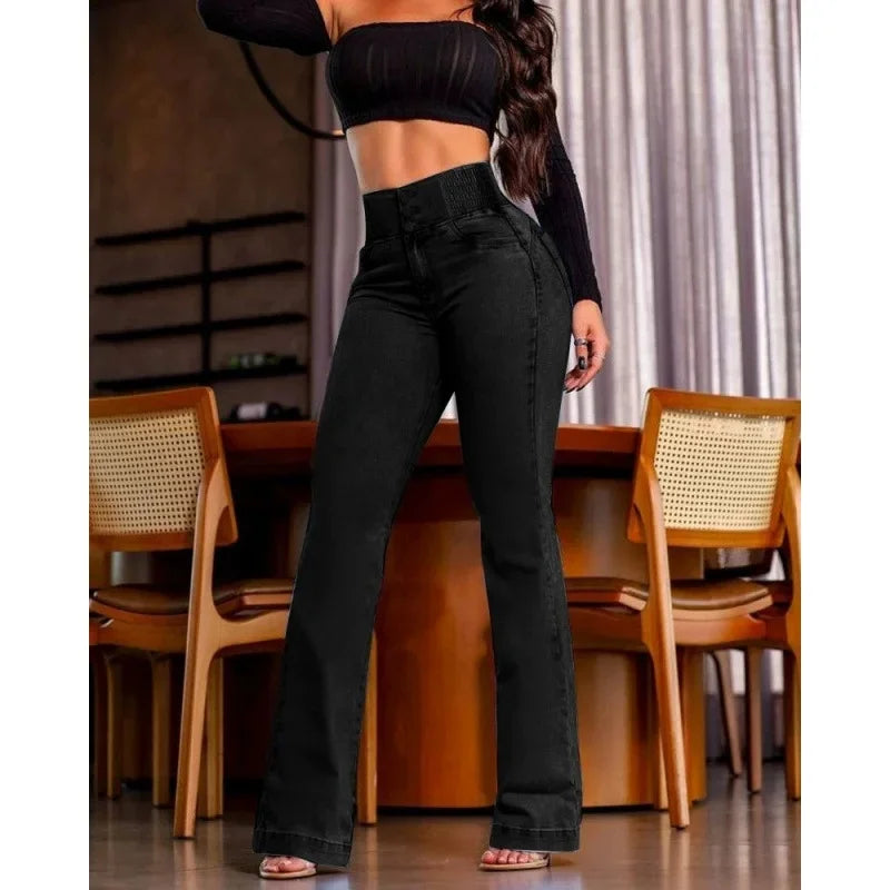 XTOCEAN High Waist Elastic Waistband Flared Jeans Women's Slim Fit Stretchy Butt Lifting Denim Trousers Cross-Border Fashion