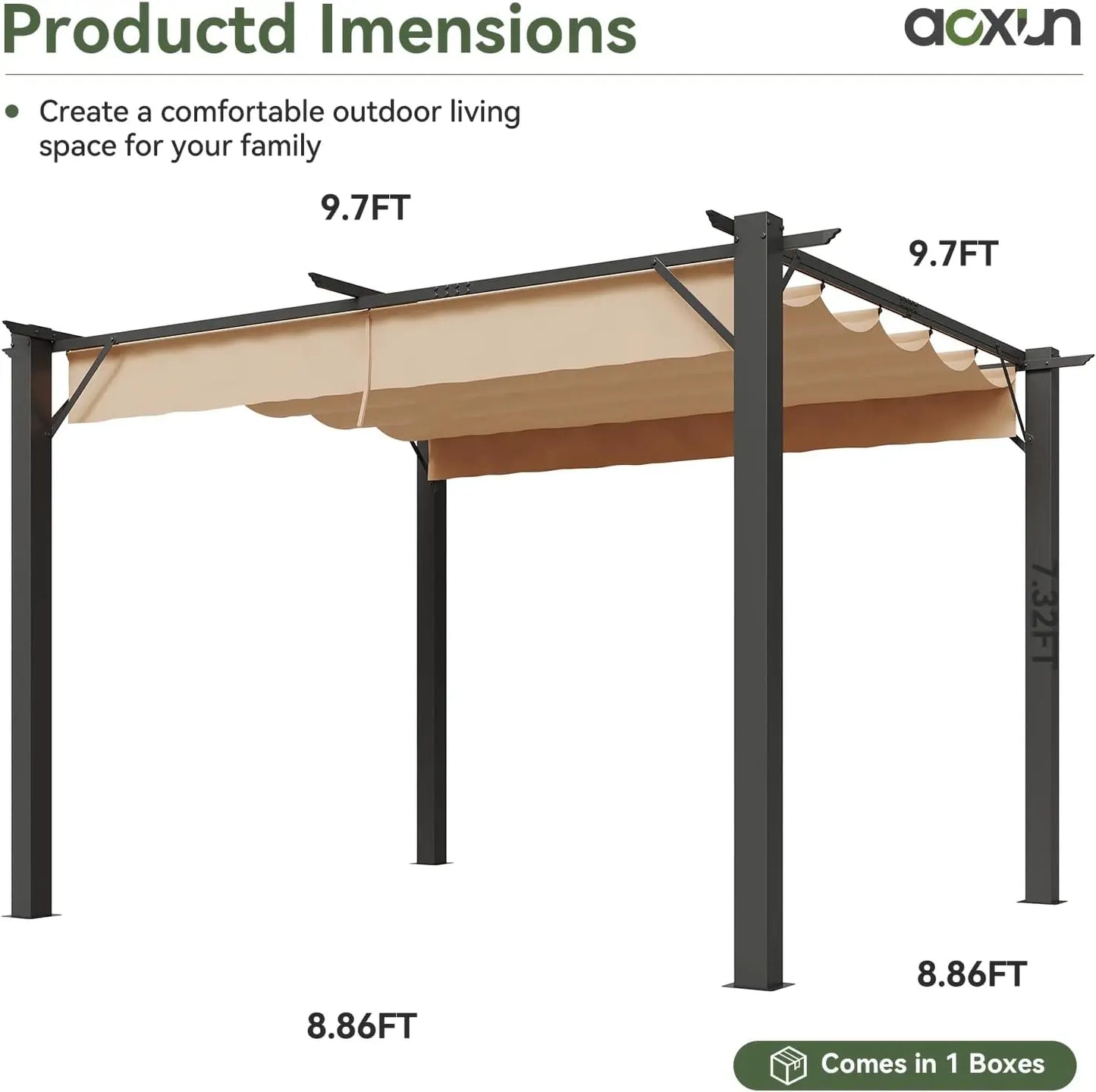 10'x12' Retractable Pergola, Heavy-Duty Metal Frame with Adjustable Canopy for Backyard Deck Garden