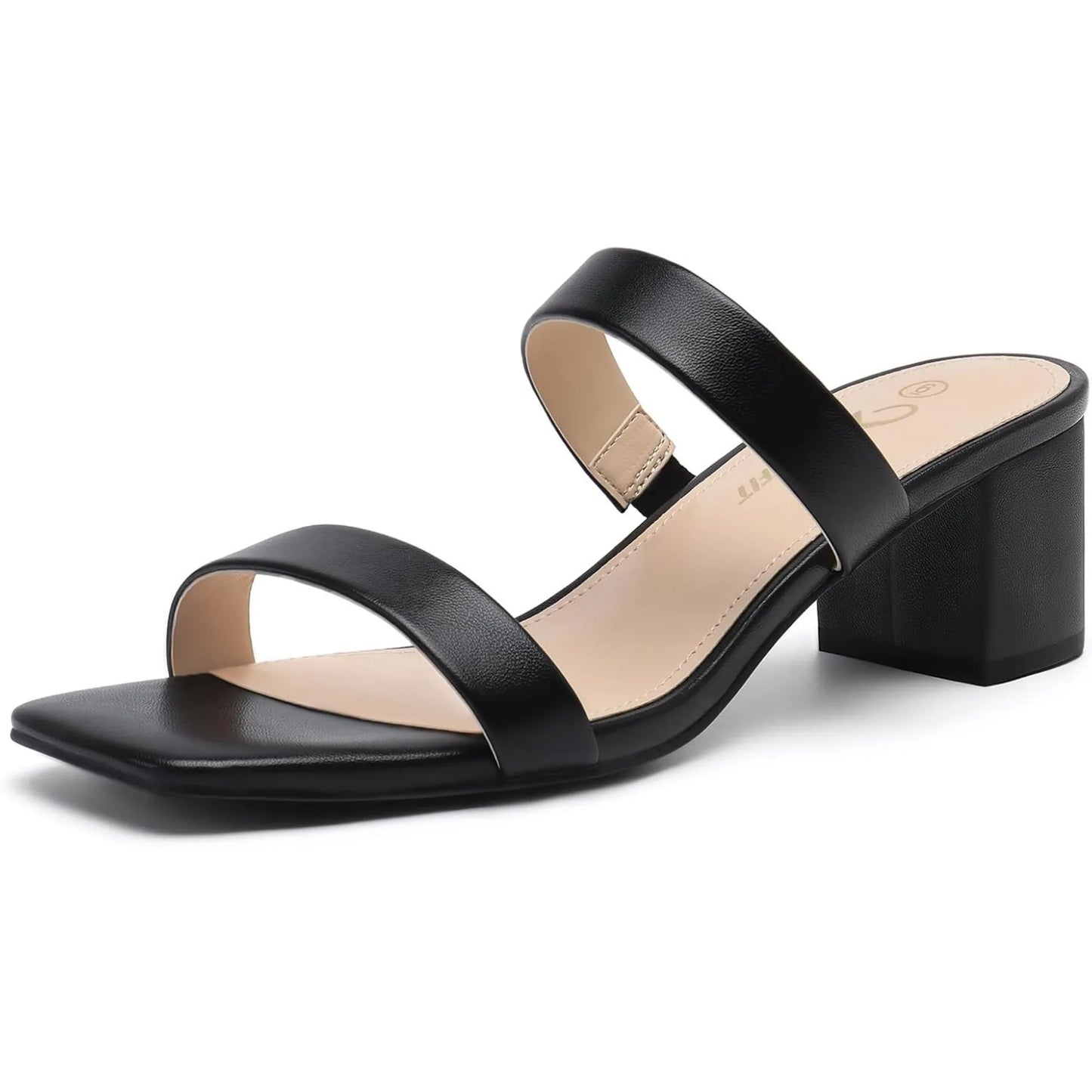 Women's Two Strap Open Toe Heels Sandals Chunky Block Comfortable Slip On Low Heel Dress Shoes