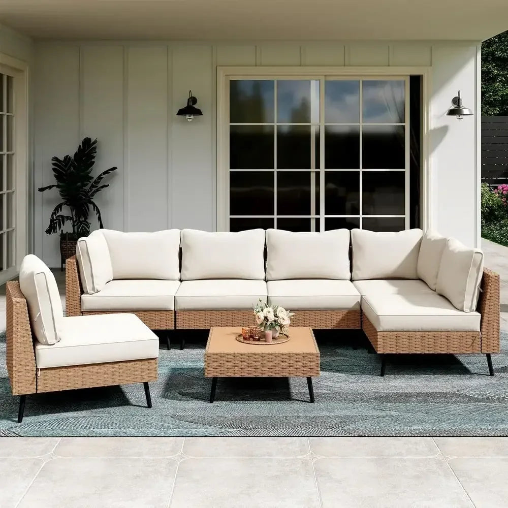 7-Piece Sectional Sofa Set with PE Rattan Wicker for Outdoor Patio, Weather-Resistant with Thick Cushions (Beige)
