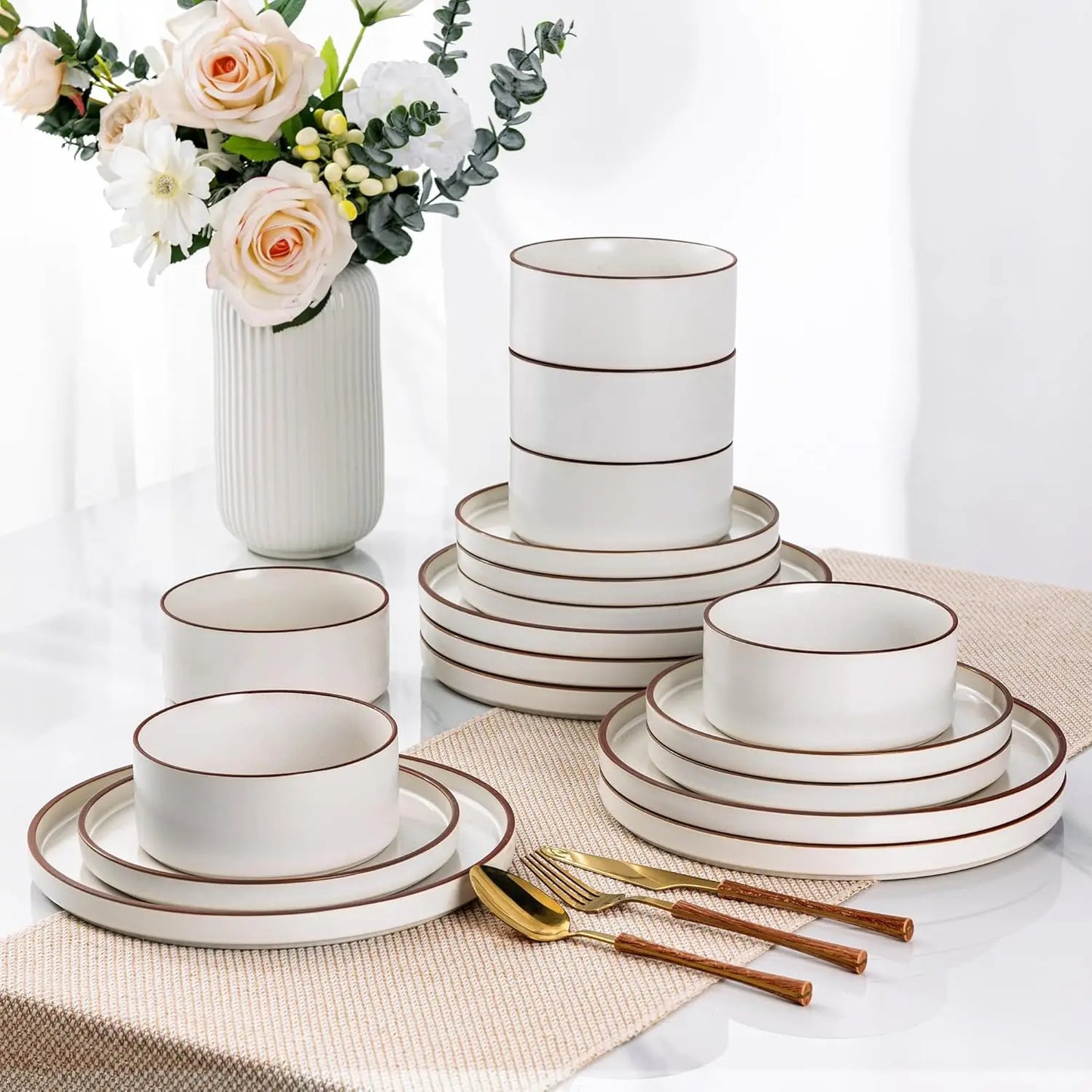 Ceramic Dinnerware Sets for 6, High Edge Stoneware Plates and Bowls Set, Chip and Crack Resistant | Oven & Dishwasher & Microwav