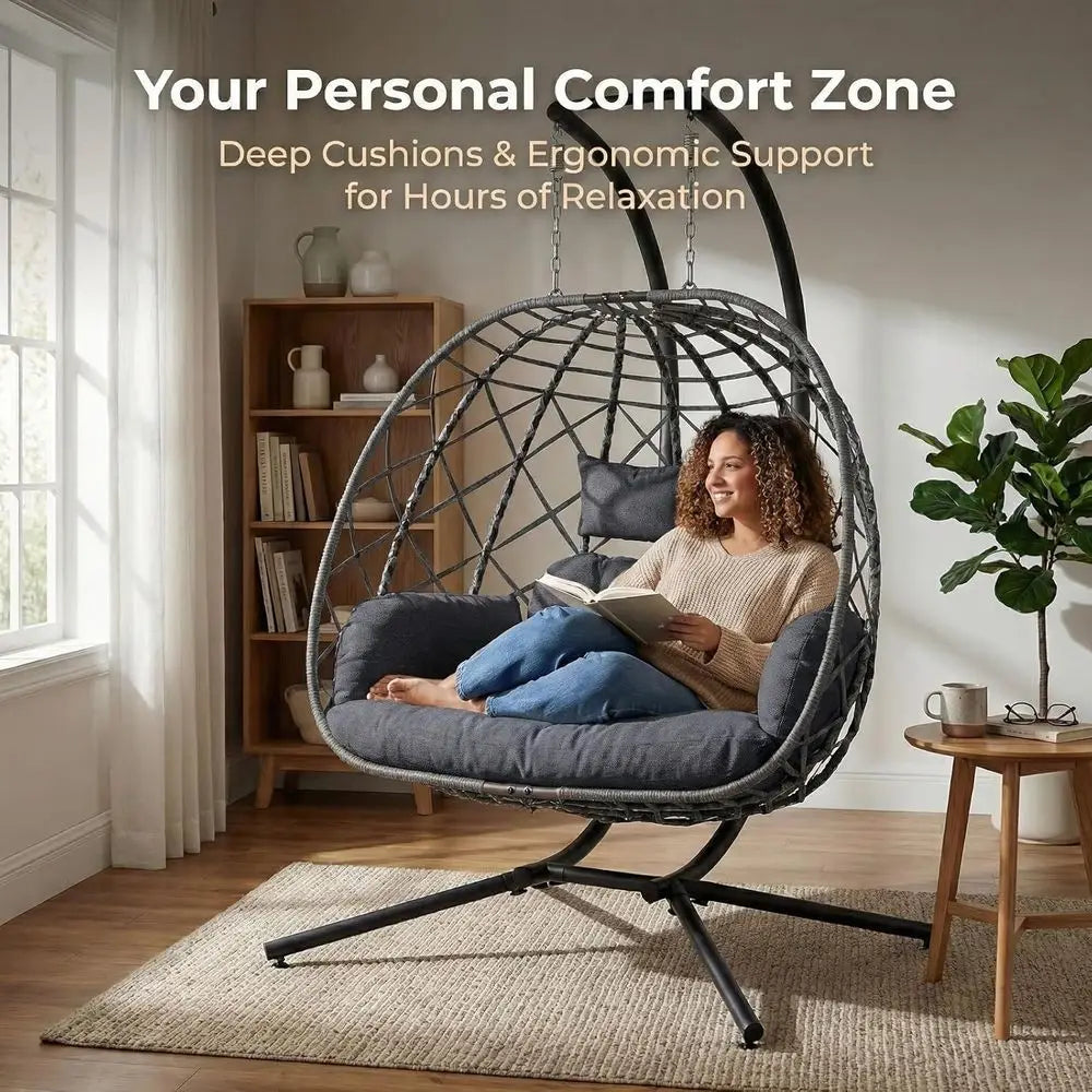 Double Egg Swing Chair with Stand, Outdoor Patio 2 Person Hanging Wicker Hammock Chairs with Cushion or Indoor Bedroom, Lawn, Ga