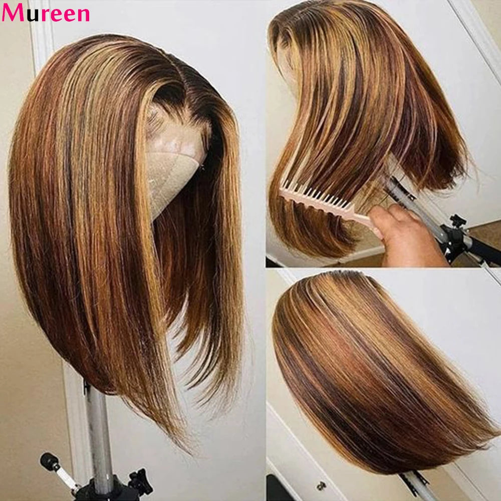 Mureen 4/27 Highlight Bob Wig Human Hair Straight 4/27 Honey Blonde Short Bob Wig 13X4 HD Lace Front Wig 100% Human Hair Wigs