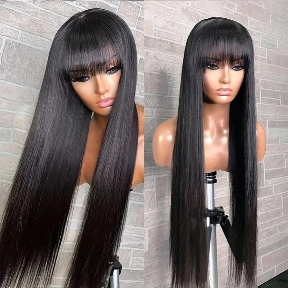 3x1 Bone Straight Human Hair Wigs with Bangs Full Machine Made Wigs Brazilian Human Hair Wigs For Black Women 18-34 Inch