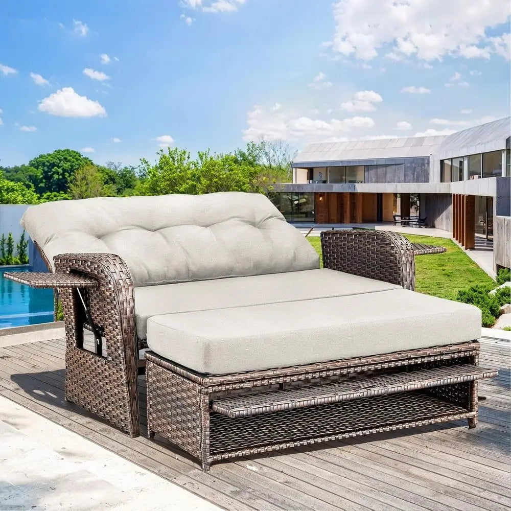 Outdoor Daybed, Patio Daybed Wicker Recliner or Two with Multiunctional Recliner and Stowable Side Tray, 5 Level Adjustable Back