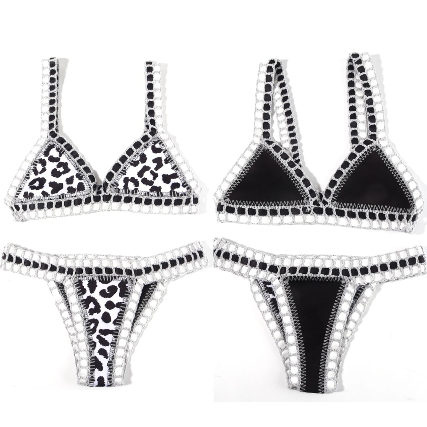 Reversible Leopard Handmade Crochet Bikinis Set Black Poolside Swimwear Blue Paisley Luxury Swimsuit maillot de bain femme