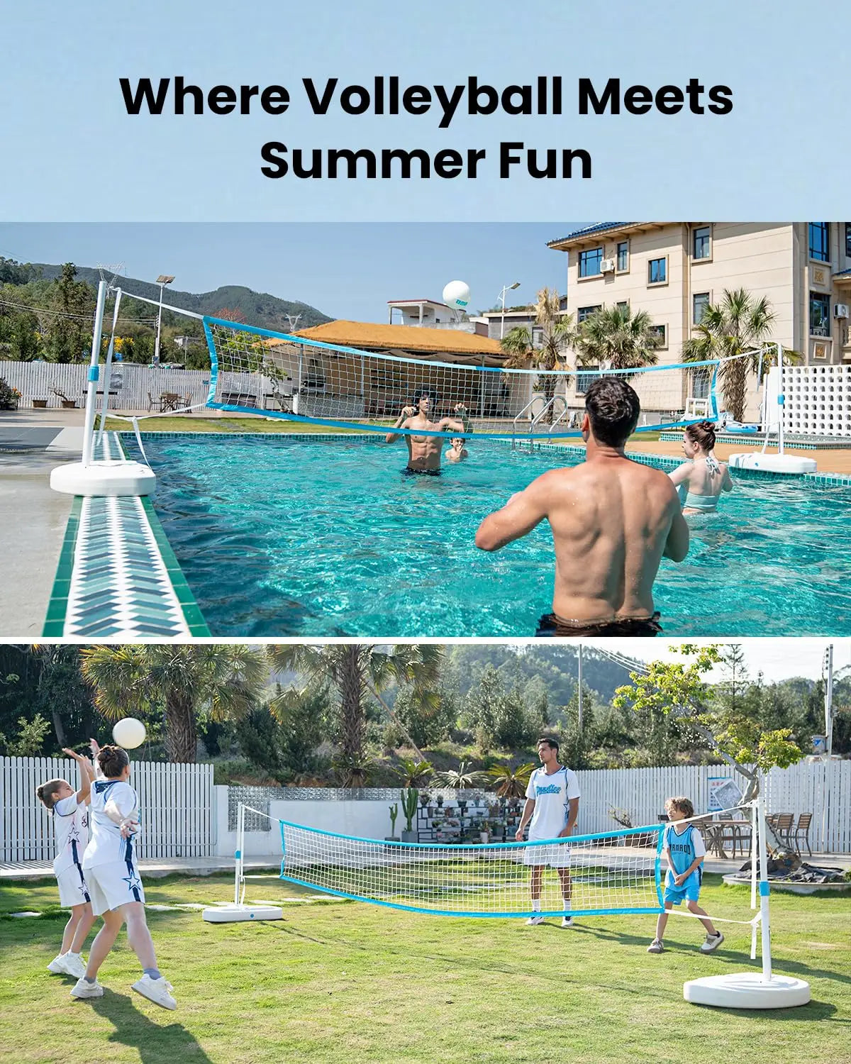 Pool Volleyball Net Set, Pool Volleyball Set with 15 Ft Length Net, Height Adjustable Volleyball Net for Pool,, Custom