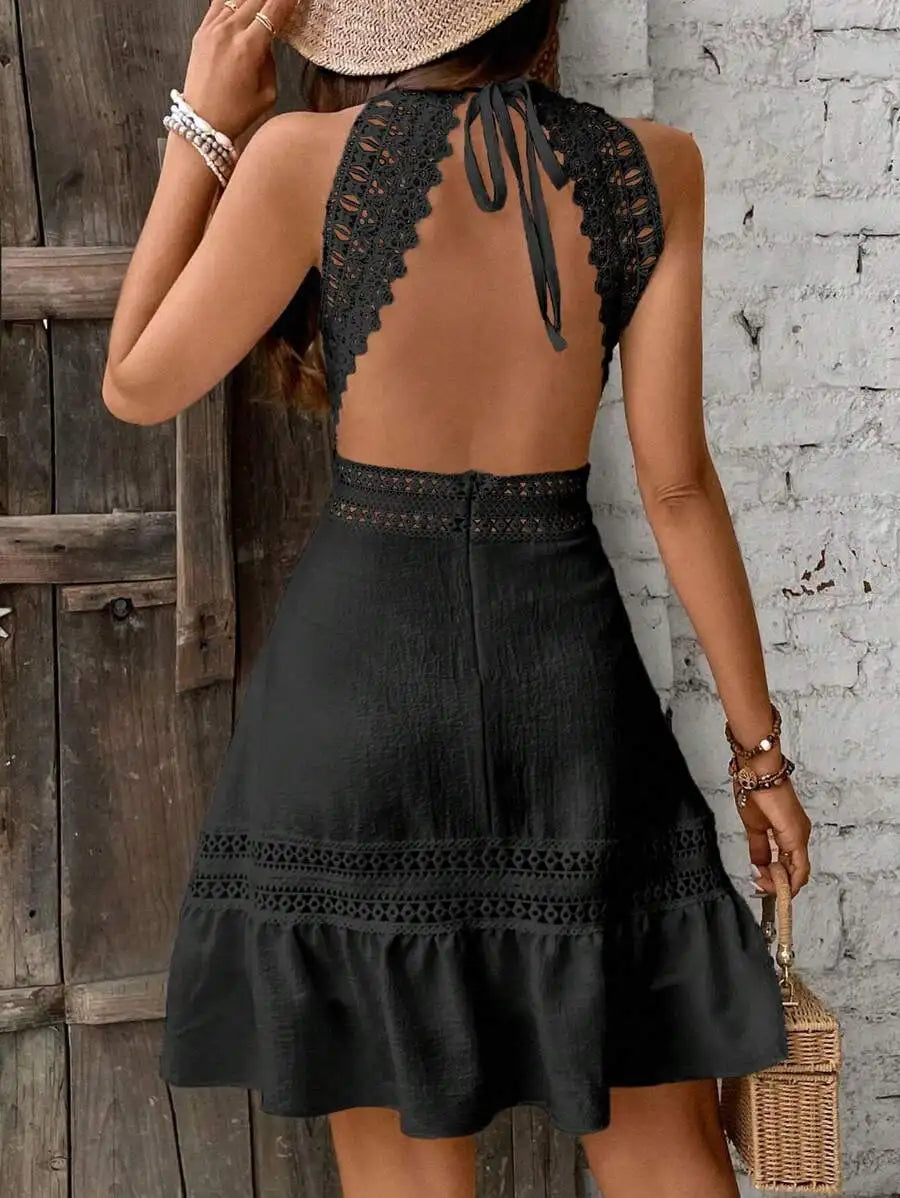 Vintage Style Womens Lace Backless Mini Dress Beach Vacation Outfit