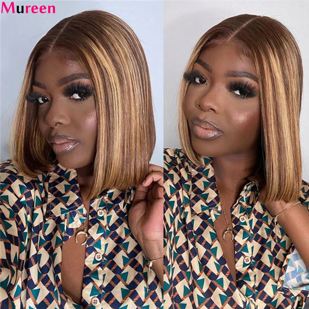 Mureen 4/27 Highlight Bob Wig Human Hair Straight 4/27 Honey Blonde Short Bob Wig 13X4 HD Lace Front Wig 100% Human Hair Wigs