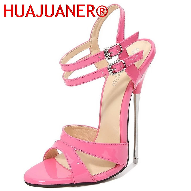 Women Metal High Heel Sandals Sexy Peep Toe Buckle Strap Stiletto Sandals for Nightclub Catwalk Show Princess Internet Celebrity