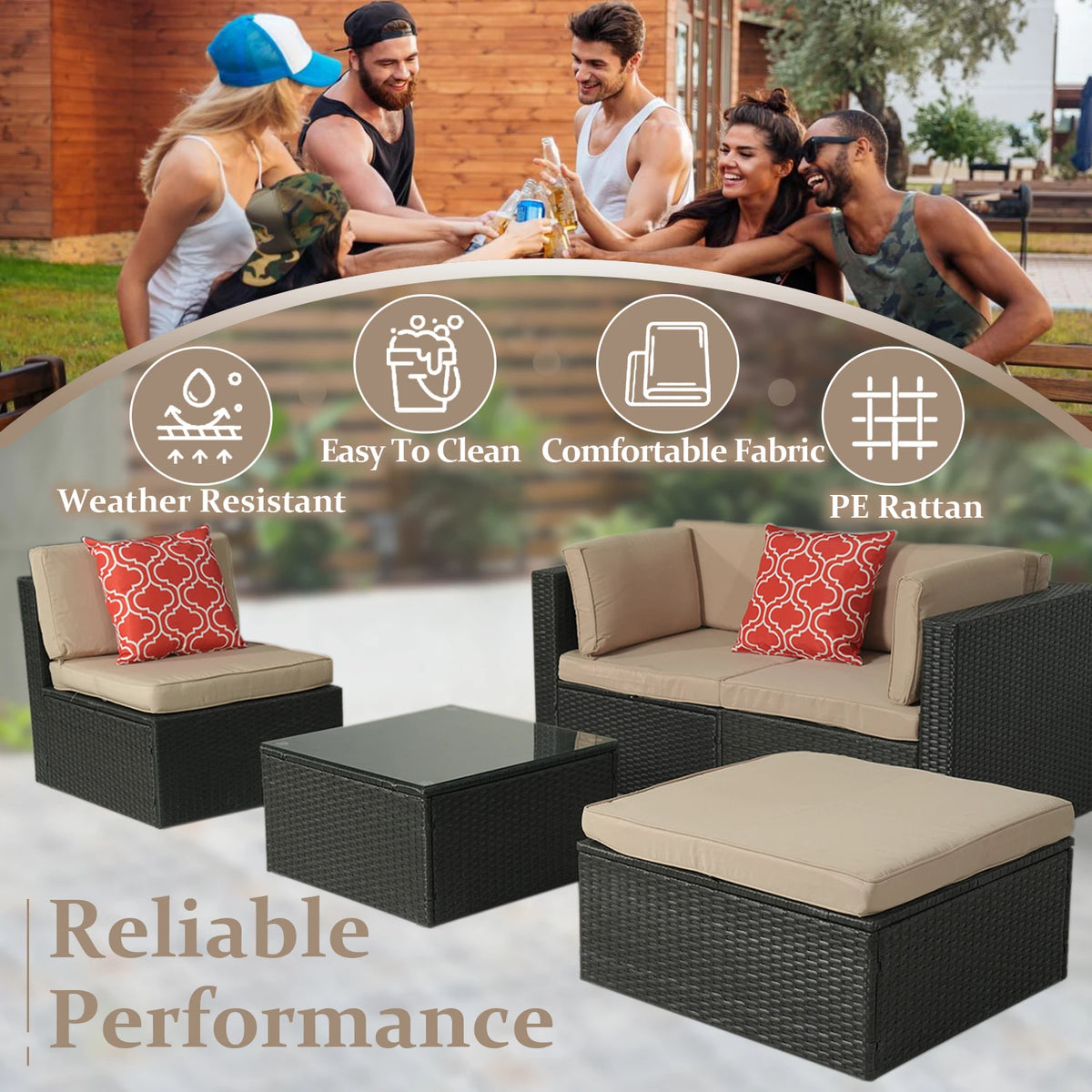 10/9 Piece Modular PE Wicker Patio Conversation Set, Outdoor Sectional Sofa with Removable Thick Cushions, Glass Top Coffee Side Tables, All Weather Rattan Furniture for Backyard Poolside Garden Deck