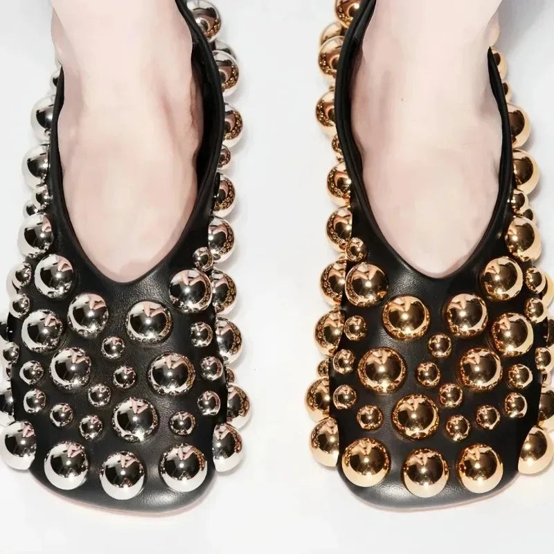 European AndAmerican Nichelightluxurycolorblocked Rivet Flat Bottomed Shallow Mouth Single Shoe Women's Fashion Runway Slippers